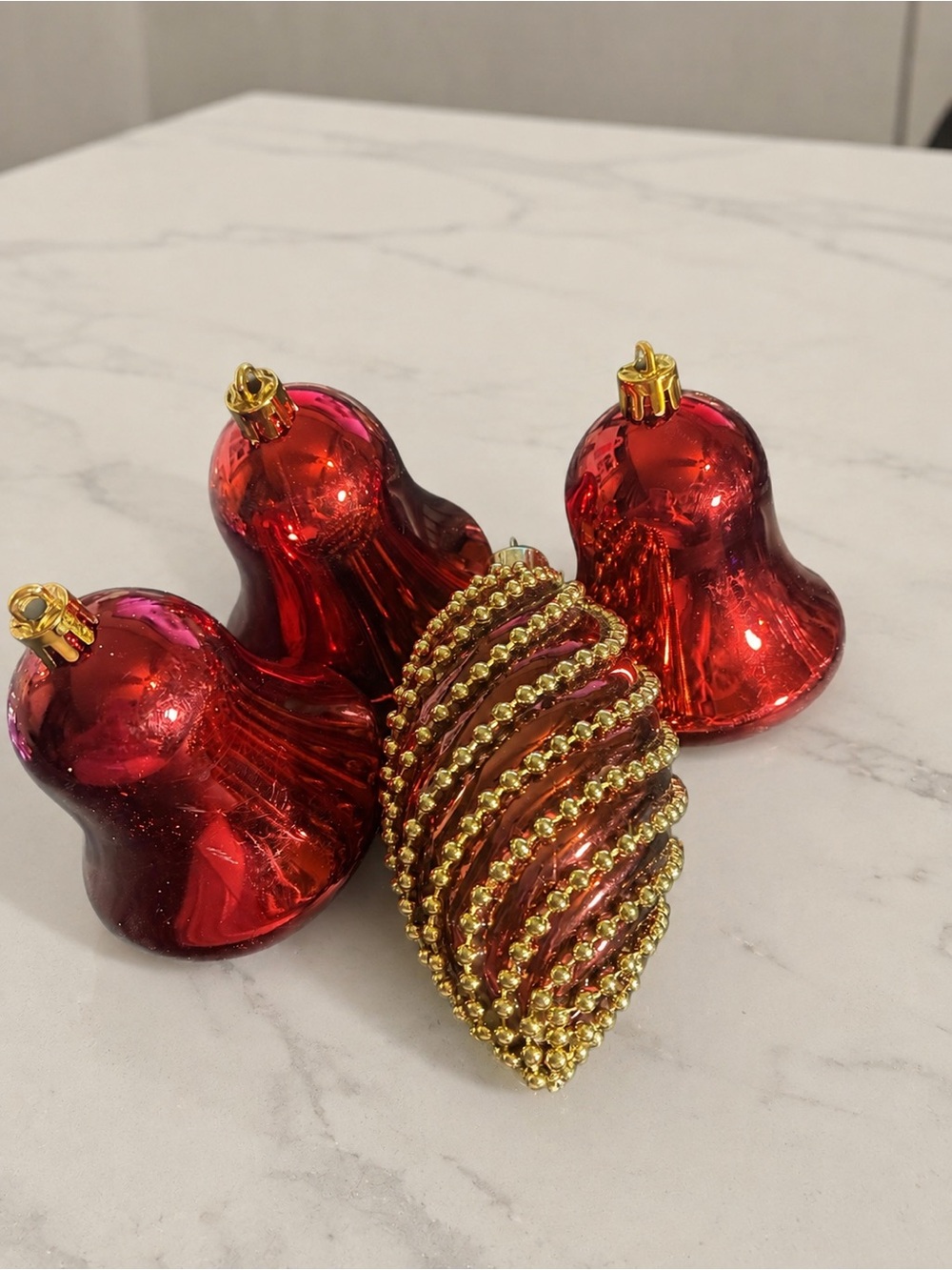Red & Gold Plastic Christmas Ornament Lot of 4 Bells Beaded Finial
